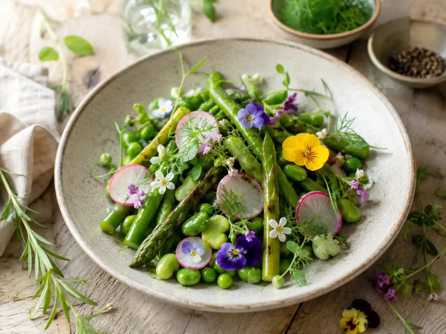Plato de primavera con espárragos, guisantes, rábano y flores comestibles